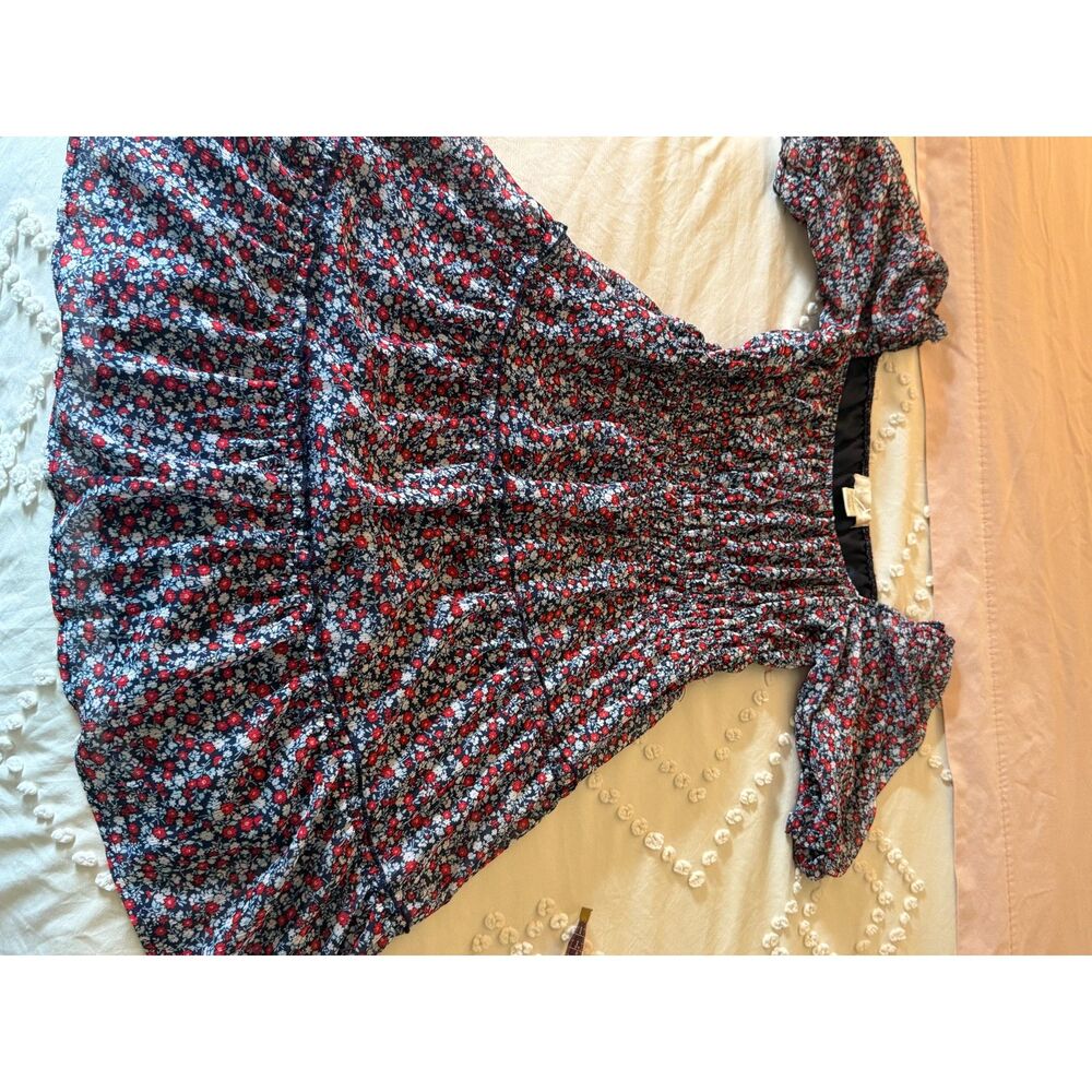 Three Pink Hearts Navy Floral Smocked Mini Dress Small Puff Sleeve Boho